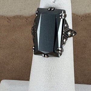 Antique Emerald Cut Marcasite 925 Silver Art Deco Ring Size 3